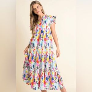 THML tiered NWT multicolor spotted maxi dress XS.